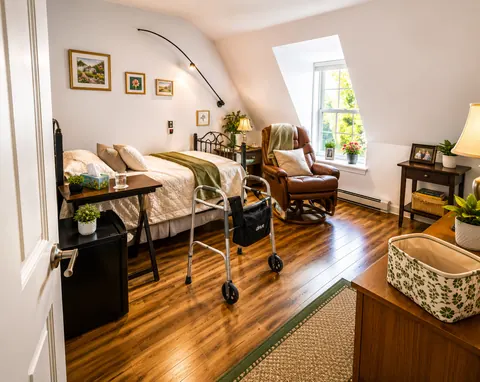 Chambre type avec fauteuil et déambulateur